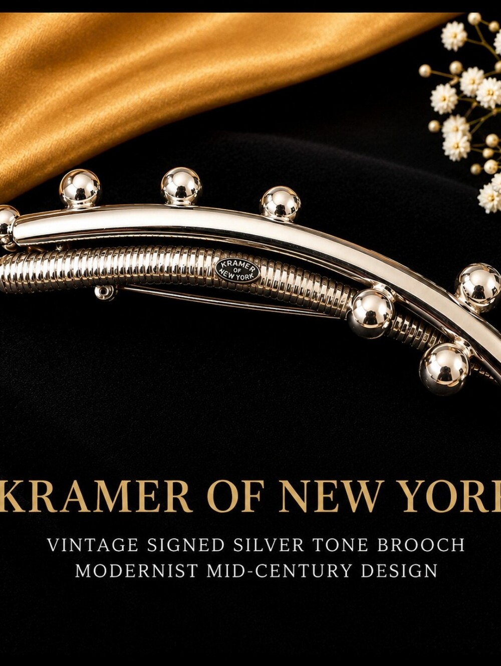 Vintage Kramer of New York Modernist Brooch Mid Century Atomic Silver Tone Pin